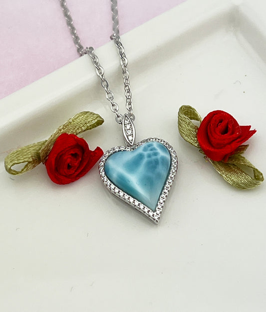 Larimar Heart CZs Necklace